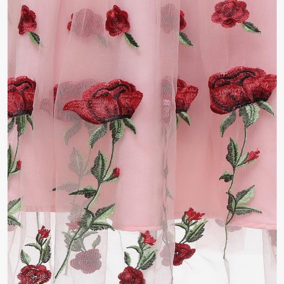 TIPTUPU a light pink rock a billy style swing dress with embroidered red roses - Picture 2 of 10